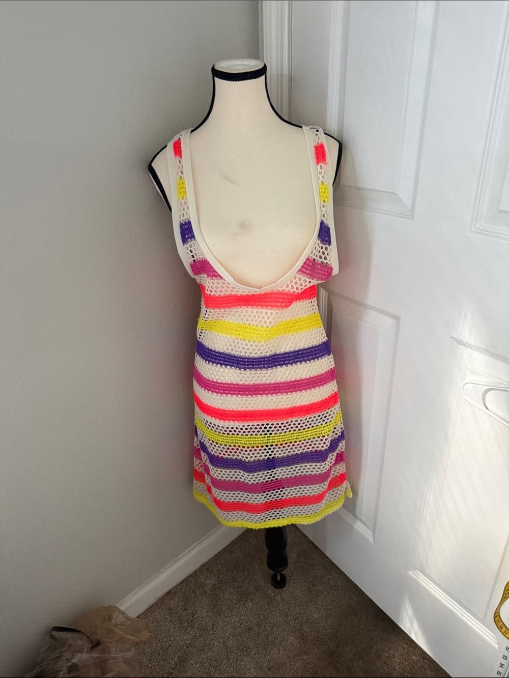 New Striped Scoop-Neck Mini Dress in White with Neon Stripe Co